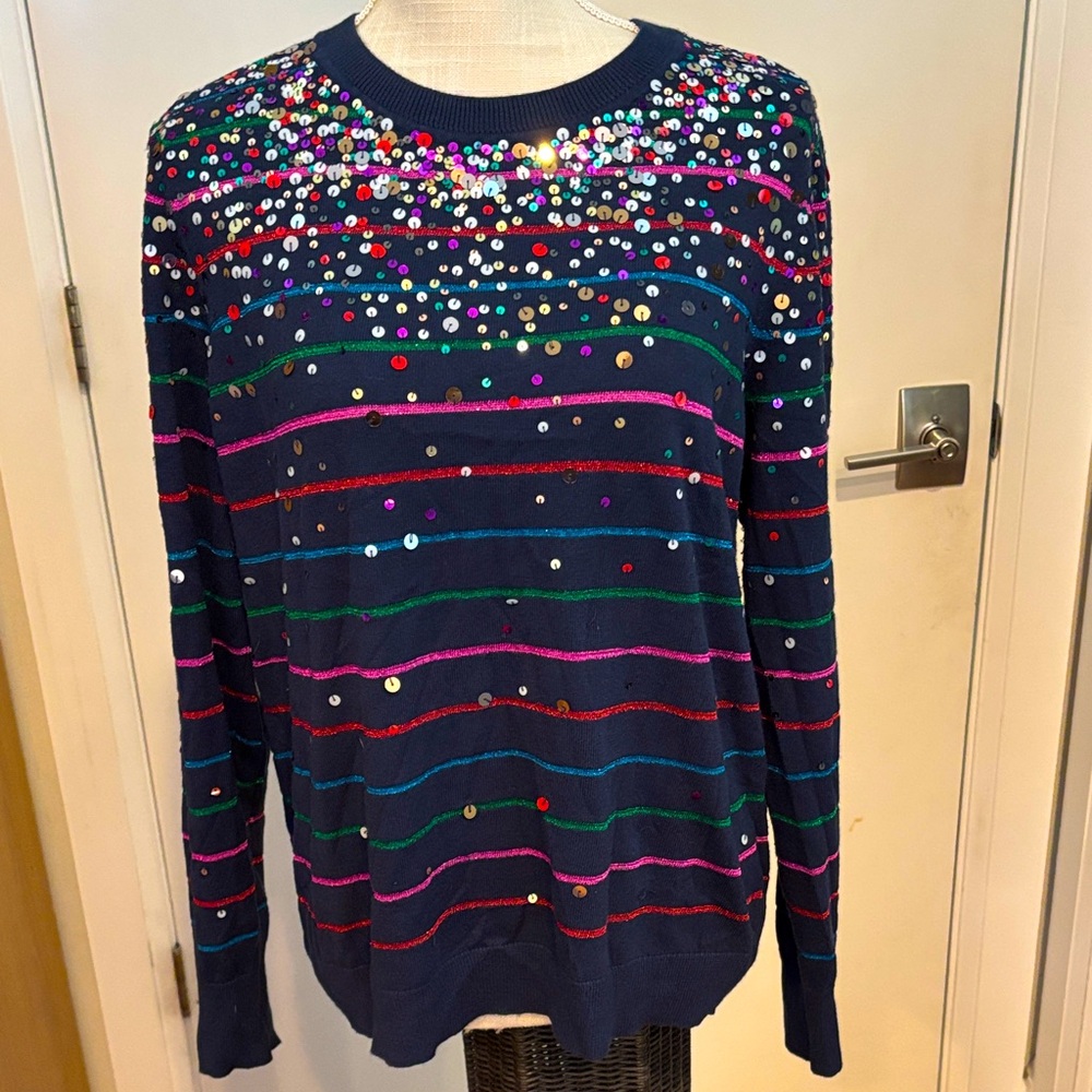 Halogen Navy Striped Sequin Crewneck Sweater - Multi-Color Sparkle - XL